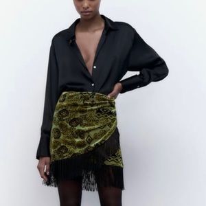 Zara fringed printed velvet wrap skirt